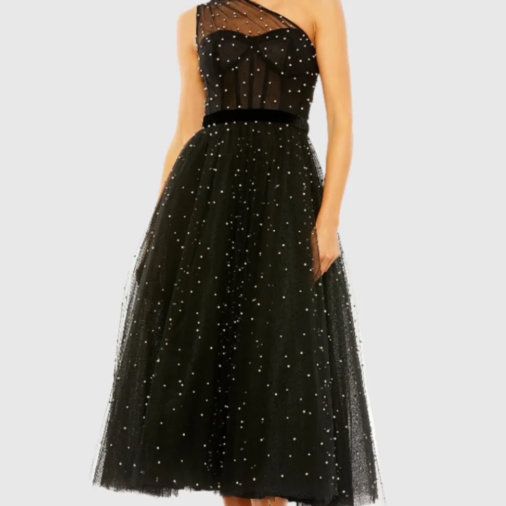 Make an offer! Mac Duggal Dress Black One Shoulder Pearl Midi Ballgown. Sz 6 - Picture 2 of 4